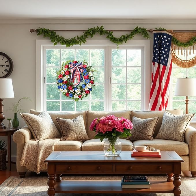 20inch Patriotic American Wreaths for Front Door,4th of July Independence Day Wreath Red White Blue Wreath for Window Door Decoration