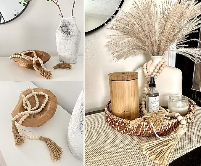 LSKYTOP 60 Inches Wood Bead Garland,Wooden Beads with Tassels,Farmhouse Beads Rustic Prayer Beads Boho Beads for Farmhouse Tiered Tray Coffee Table Mantel Decor (1 Pack)