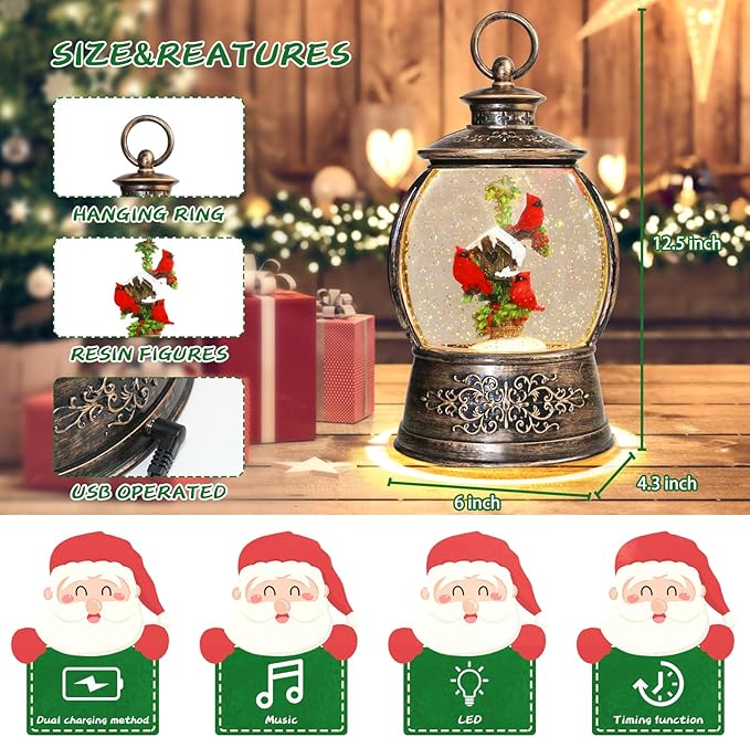 Christmas Cardinal Snow Globe 12.5In High, Musical Snow Globe Lantern Lights with 6 Hour Timer, Retro Style Holiday Glitter Globe for Xmas Home Decoration and Santa Gifts-Red Cardinal