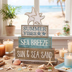Yuntau 4 Pcs Summer Beach Decorations for Home Beach Tiered Tray Decor Starfish Coastal Rustic Starfish Wooden Block Table Sign Stacked Book Nautical Table Centerpiece for Farmhouse Office Desk Shelf