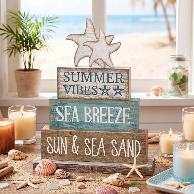 Yuntau 4 Pcs Summer Beach Decorations for Home Beach Tiered Tray Decor Starfish Coastal Rustic Starfish Wooden Block Table Sign Stacked Book Nautical Table Centerpiece for Farmhouse Office Desk Shelf