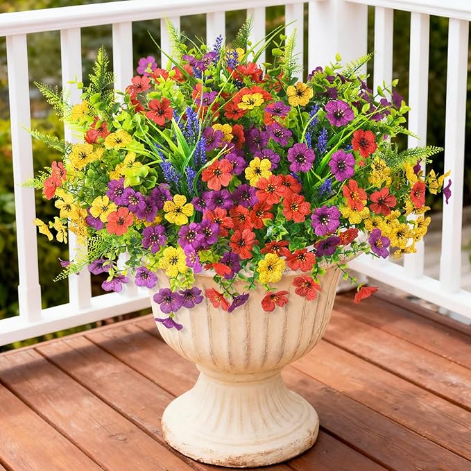 Homsunny Artificial Fake Flowers Plants Outdoors Spring Decor, Faux Flowers Silk Daisy Eucalyptus Plants UV Resisitant for Outside Planter Pot Front Porch Garden Patio Decoration(12 Bundles)