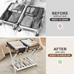 Fully Assembled Luggage Rack for Guest Room, Bamboo Foldable Suitcase Stand with Storage Shelf, Luggage Stand with 5 Nylon Straps, Luggage Holders for Guest Room Bedroom Hotel, White, 1 Pack