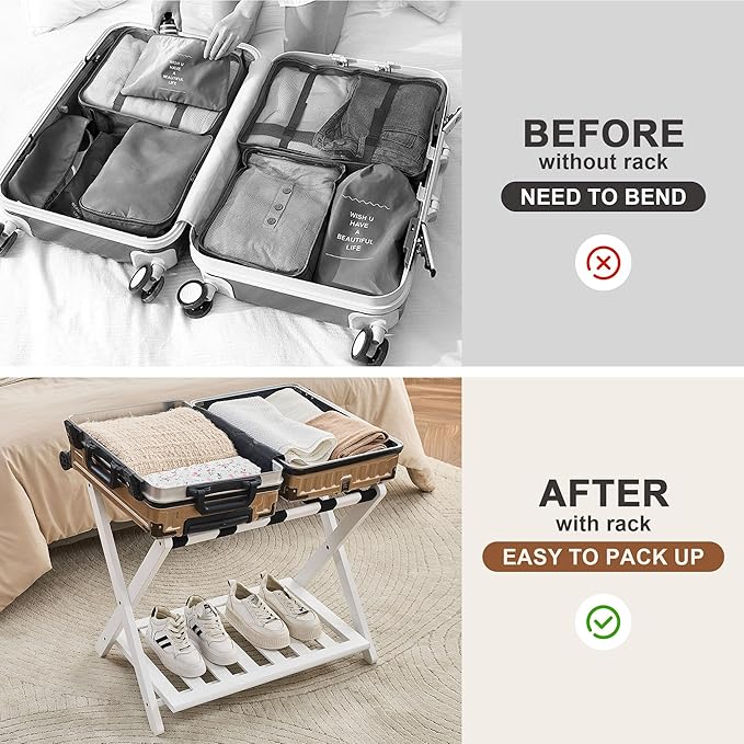 Fully Assembled Luggage Rack for Guest Room, Bamboo Foldable Suitcase Stand with Storage Shelf, Luggage Stand with 5 Nylon Straps, Luggage Holders for Guest Room Bedroom Hotel, White, 1 Pack