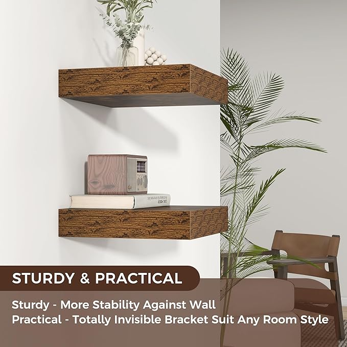 Venusmiles Square Floating Shelves for Wall, 12" W x 12" D x 2" H, 2 Pack of Small Wall Mounted Engineered Wood Shelves with Invisible Brackets for Living Room, Bedroom, Bathroom, Kitchen Decor, Brown