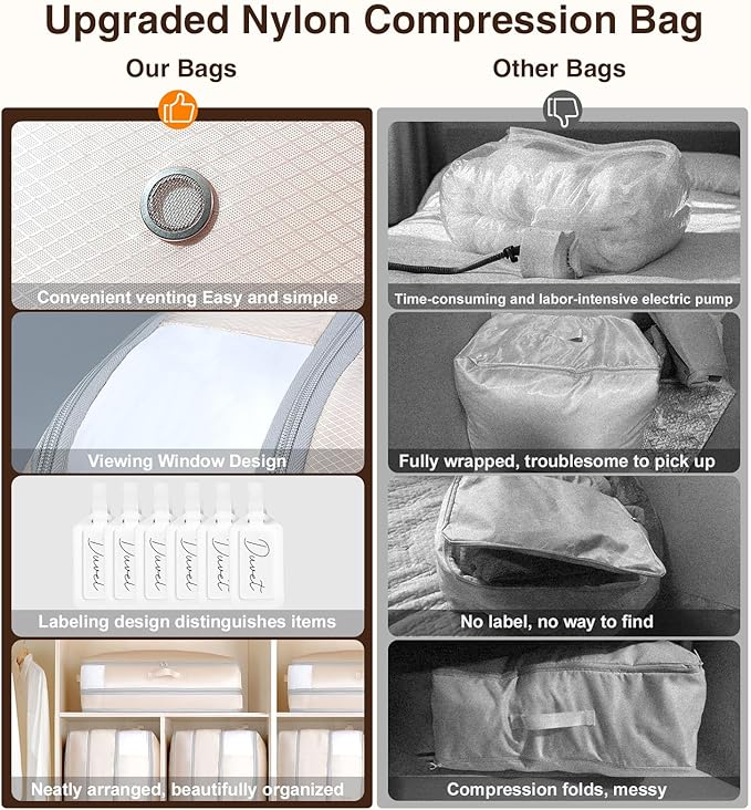 6 Pack Compression Storage Bags - 110L Large Capacity Comforter Storage Bag, 3-Layer Washable Ultra Space Saving Self Compression Organizer Space Bags for Blankets, Sweaters, Sheets, Beige