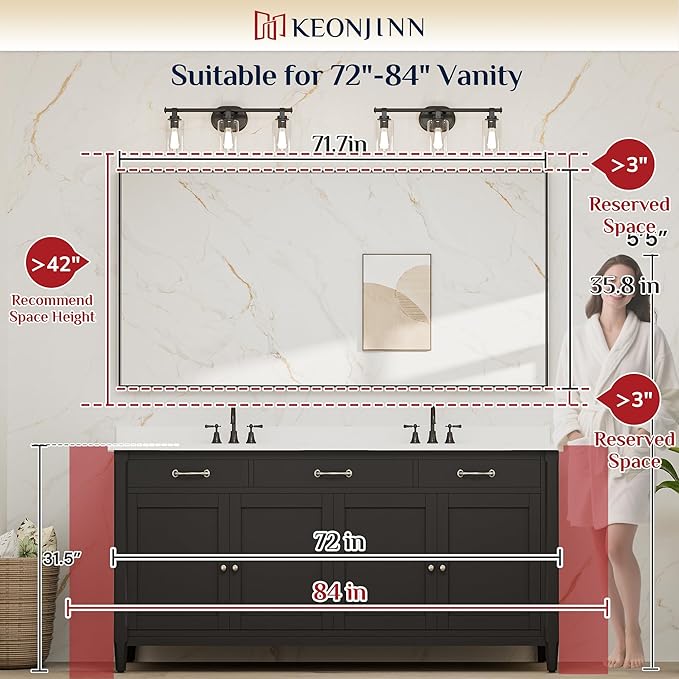 Keonjinn Large Gold Bathroom Mirror 72" x 36", Brushed Gold Rectangular Mirror for Wall, Oversized Metal Framed Mirror, Square Corner, Modern Farmhouse Decorative(Horizontal/Vertical)