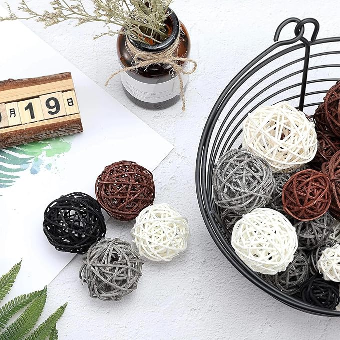 Patelai 36 Pcs Wicker Rattan Balls Decorative Balls for Vase Centerpiece Bowls Orbs Filler for Home Decor,4 Sizes(White, Dark Gray, Brown, Black,2.4'',2'',1.6'',1.2'')