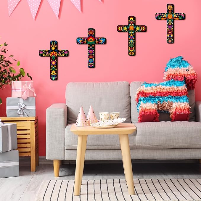 Soaoo 6 Pcs Floral Cross Wall Decor Mexican Home Decor Hand Painted Inspirational Wooden Cross The Ofrenda of The Dead Day Sugar Skull Wall Art Spanish Style Crucifix for Home Room Church Decoration