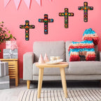 Soaoo 6 Pcs Floral Cross Wall Decor Mexican Home Decor Hand Painted Inspirational Wooden Cross The Ofrenda of The Dead Day Sugar Skull Wall Art Spanish Style Crucifix for Home Room Church Decoration