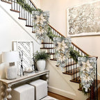27.5" Artificial Christmas Teardrop Swag with Champagne Poinsettia, Pine Cones, Berries & Ornaments, White Cedar Branch Base for Christmas Thanksgiving Winter Holiday Front Door and Wall Decoration