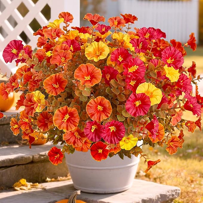 Artificial Mums Fall Flowers for Outdoors, 12 Bundles Artificial Plants Outdoor Fake Flowers UV Resistant, Outdoor Fake Plants Faux Silk Flowers for Porch Outside Planter Window Box Garden