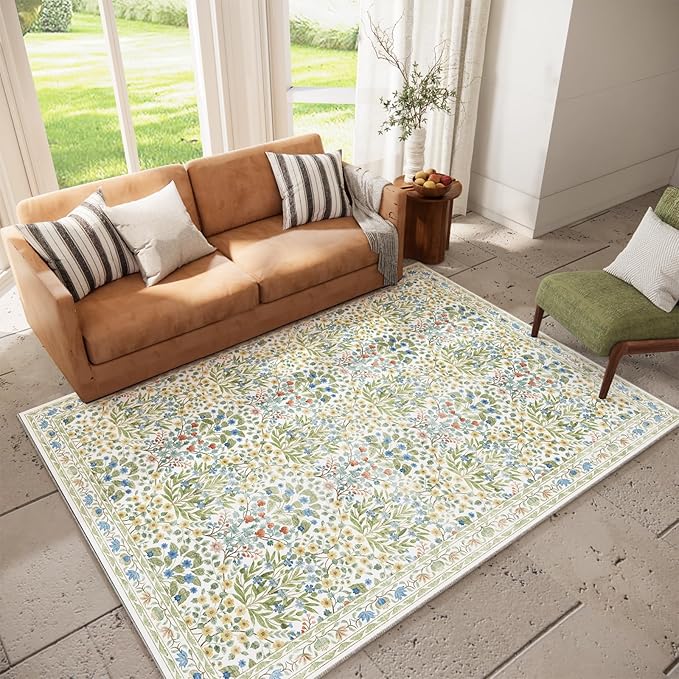 Light Beige Green Area Rug 6x9 - Washable Vintage Living Room Rug for Kids Room, Bedroom, Nursery & Dining Room - Low Pile, Non-Slip & Stain Resistant