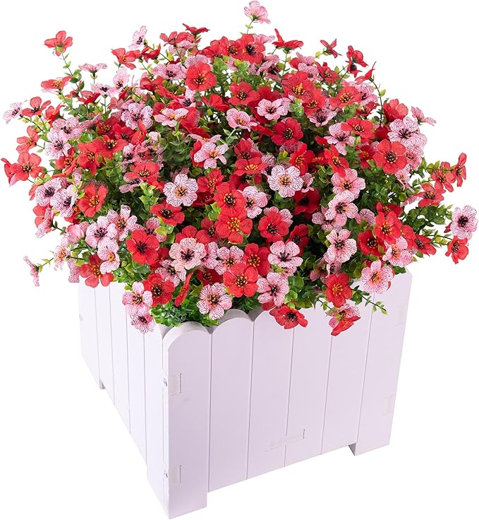 Artificial Fake Mums Flowers for Outdoor Spring Summer Decor, 12 Bundles Faux Silk Plants Daisy for Planter Pot Colorful UV Resistant Look Real for Front Door Porch Patio Outside Yard(Red Pink)