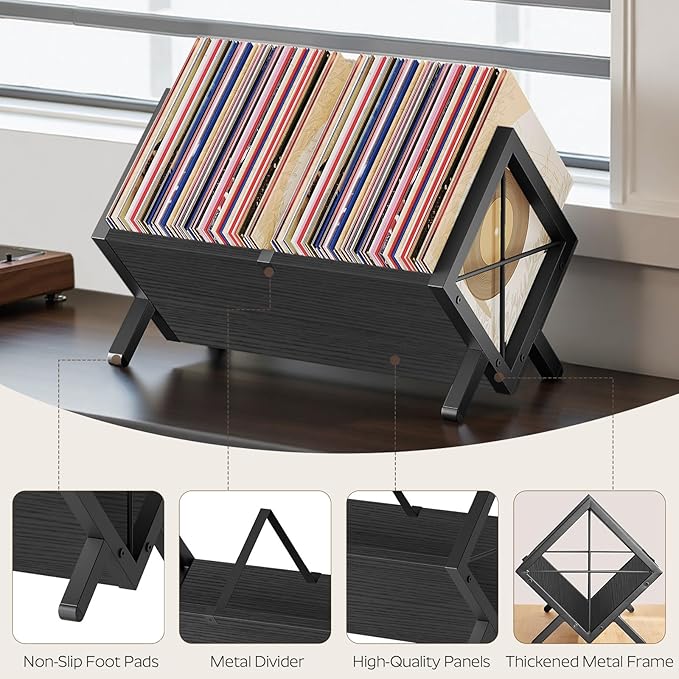YATINEY Vinyl Record Holder, Record Storage Rack Holds 80-100 LP，Wooden and Metal Record Organizer, Quick Assembly Magazine Holder Vinyl Record Display Stand for CDs, Magazine, Albums, Black CJ06BB