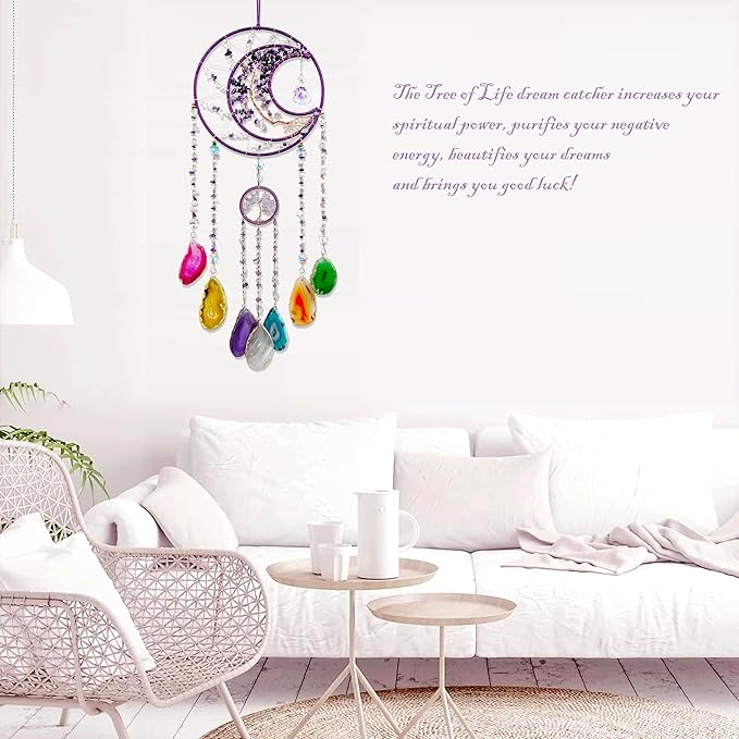 Large Dream Catchers, Crystal Tree of Life Dreamcatcher with Rainbow Healing Agate Slice Wind Chime Suncatcher for Windows Hangings Prism Decoration Gifts for Adult Girls Bedroom Garden Room Decor