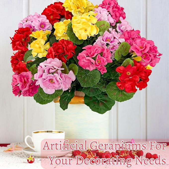 Artificial Geraniums Flowers for Outdoors Spring Decor, 4 Bundles UV Resistant Fake Geraniums Flowers Silk Faux Plants for Home Planter Gardens Table Patio Porch Indoor Cemetery Summer Decor(Color)