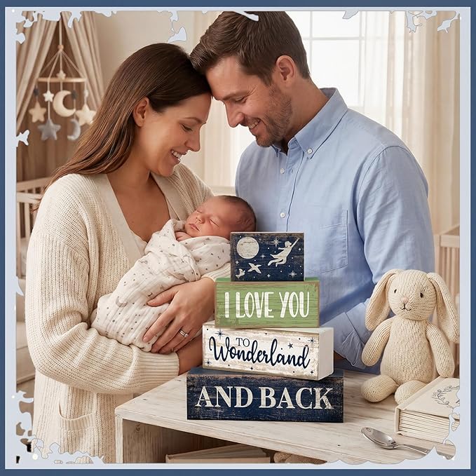 Lineshading 4 Pcs Fairy Tale Nursery Wooden Stacked Signs Decor - "i Love You to Wonderland and Back" Wooden Signs, Rustic Tabletop Decor for Newborn Baby Bedroom Playroom Baby Shower Gifts