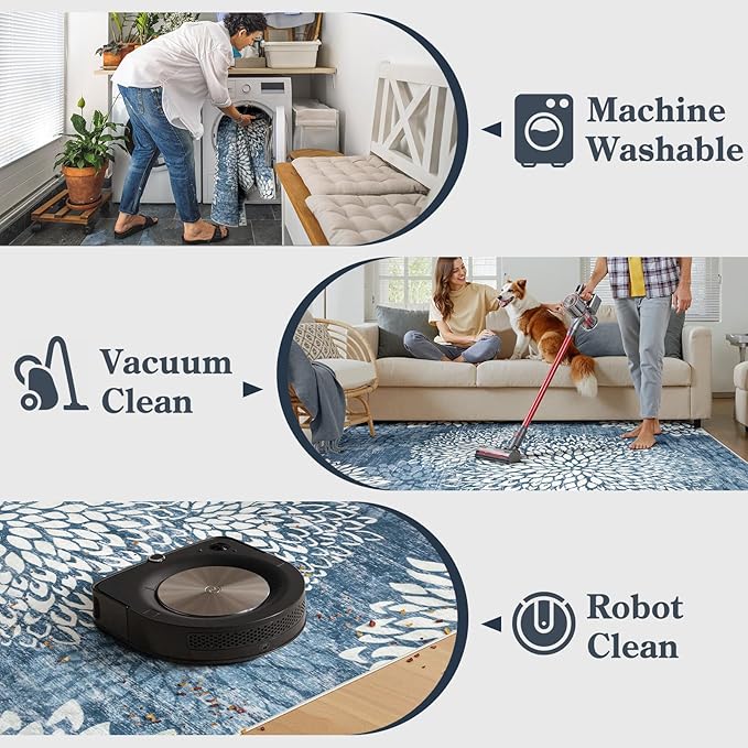 Dahlia Blue Washable Area Rugs 8x10, Low Pile Floral Bedroom Rug 8x10 Under Bed, Boho Soft Large Rug for Living Room, Non Slip Floor Carpet for Dining Room Office,Blue
