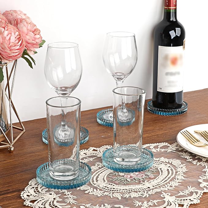 Modern Clear Coaster Set of 5- Glass Coasters for Drinks Crystal Coasters Round Cup Mat Coffee Table Decor for Office, Kitchen, Bar, Dining Room, Living Room, Patio(Clear Blue)
