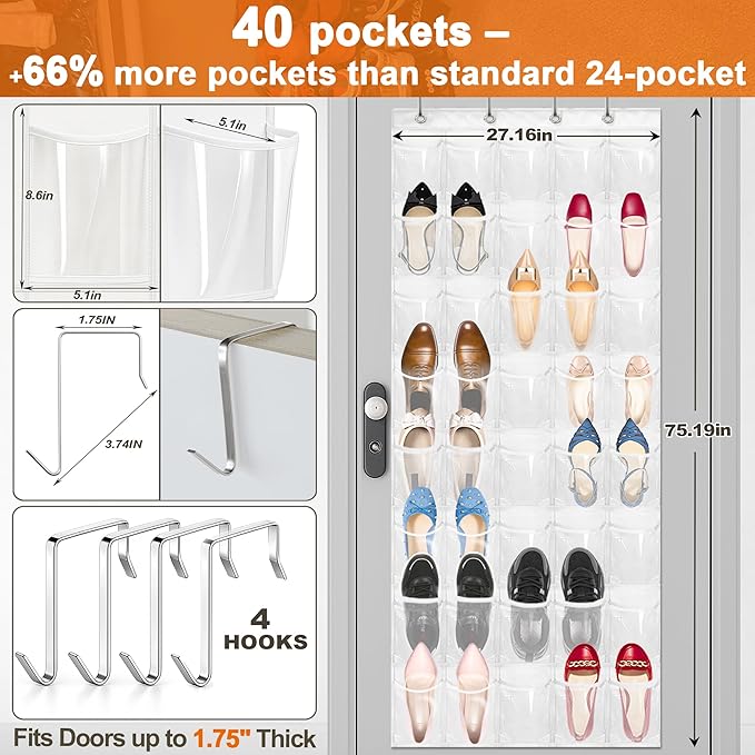 Over the Door Shoe Organizer with 40 Clear PVC Pockets – Waterproof Hanging Shoe Holder for Closet & Bathroom – Space-Saving Door Shoe Rack for Shoes, Toys, Toiletries & Snacks (White)