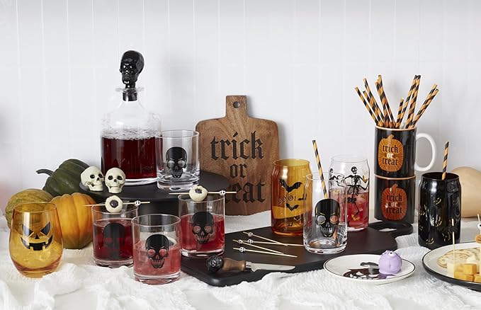 Oneida Serving Utensil Set, Skull Mirror Cheese Knives Flatware Set, Set of 4 Stainless Steel Utensils Set, Carved Wood Handles, Black Die Lacquer Finish, Halloween Decorations (4 Piece Cheese Knives)
