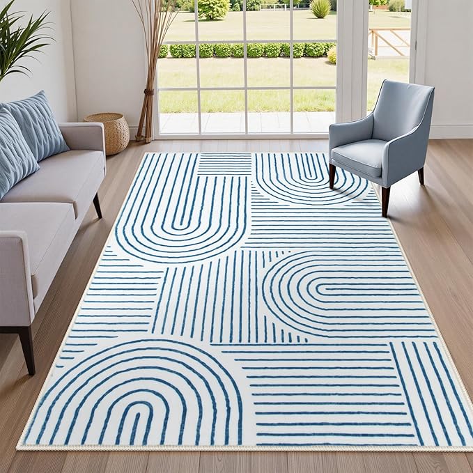 Lahome Abstract Washable Area Rugs 5x7, Soft Blue Rugs for Living Room Ultra-Thin Non-Shedding Bedroom Rug, Modern Throw Rug Large Carpet for Dining Room Classroom Office(5'x7',Blue/White)