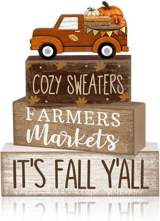 Lineshading 4 Pcs Fall Table Decoration for Home Fall Truck Decor Thanksgiving Tiered Tray Decor Rustic Wooden Pumpkin Truck Block Sign Thanksgiving Centerpiece Autumn Decorations for Harvest Party