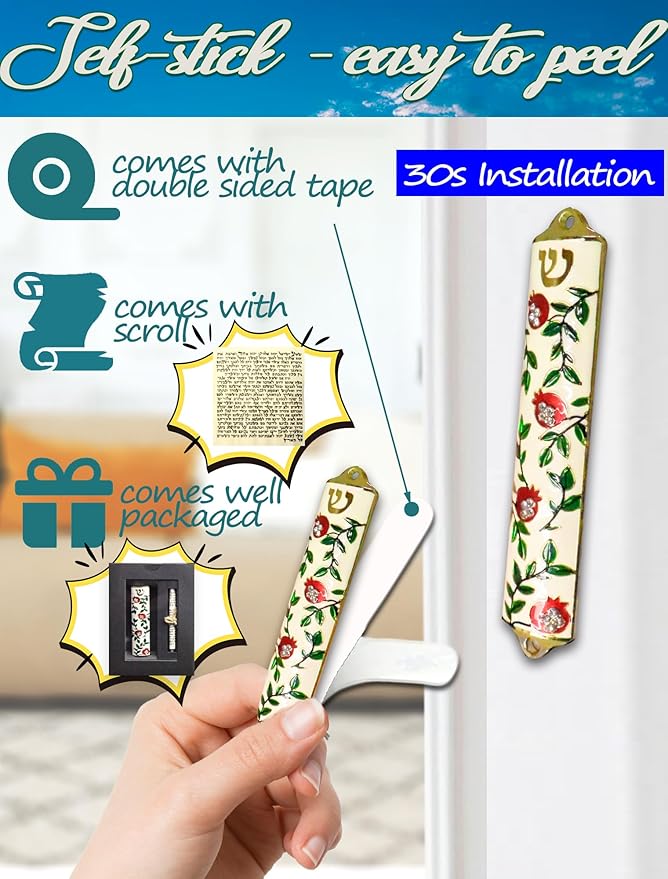 Exquisite Enamel Design Mezuzah with Scroll, Easy Install Use Double-Sided Tape, Pomegranate Theme Mezuzah for Door with Crystal Diamond Accent for Any Memorable Jewish Occasions, 3.8”