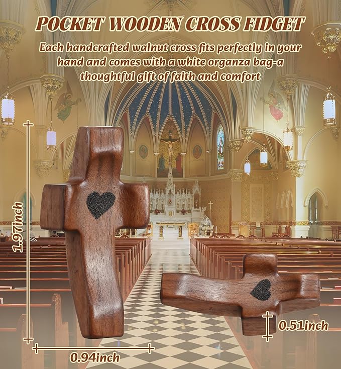 30Pcs Wooden Cross Fidget with Organza Bags Cross My Heart/ Encouragement Gift Handcrafted Walnut Pocket Cross Handheld Prayer Stress Relief Christian Faith Gifts Religious Easter Day Gifts (Brown）
