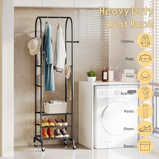 Garment Rack with Wheels,Small Metal Coat Rack With 4 Hooks,Freestanding Heavy Duty Clothing Rack with Shoe Shelves,Hanging Rod for Small Space,Bedroom,Entryway, Office, Living Room (Black)