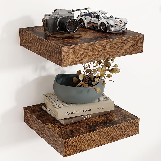 Venusmiles Square Floating Shelves for Wall, 12" W x 12" D x 2" H, 2 Pack of Small Wall Mounted Engineered Wood Shelves with Invisible Brackets for Living Room, Bedroom, Bathroom, Kitchen Decor, Brown