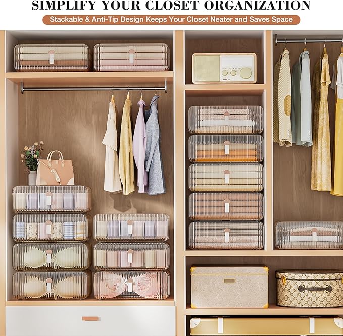 Sock Underwear Drawer Organizer - 24 Compartment Clear Acrylic Storage Bins with Removable Dividers for Closet, Stackable Dresser Drawer Box for No-Mess Socks, Tiers, Baby Clothes, Belt, Tea Bag
