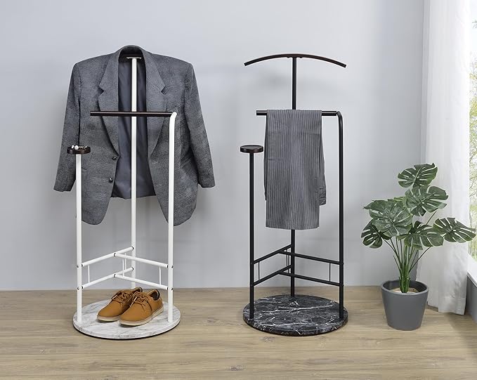 Proman Products Scandia Valet Stand, Clothes Rack, Clothing Organizer with Tray, Hanger and Trousers Bar, Wood, Metal, Black