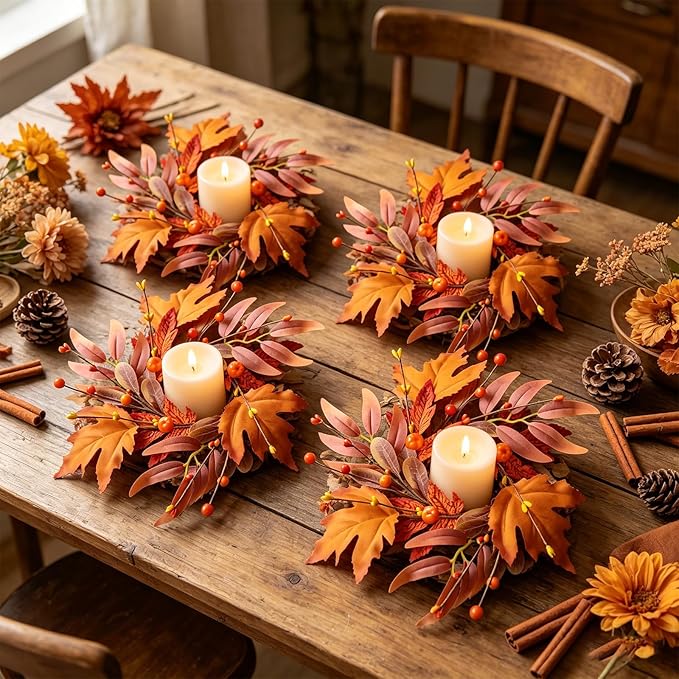 4 PCS Mini Fall Wreaths for Kitchen Cabinet 9 Inch Fall Maple Leaf Wreath for Front Door Small Autumn Hanging Wreath Thanksgiving Candle Ring for Farmhouse Home Porch Wall Window Table Decoration
