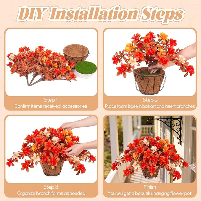 Fall Flowers with Hanging Basket Artificial for Decoration, Fake Silk Rhododendron Flowers for Outdoors, UV Resistant No Fade Floral for Home Garden Balcony Porch Patio Wedding Party Decor