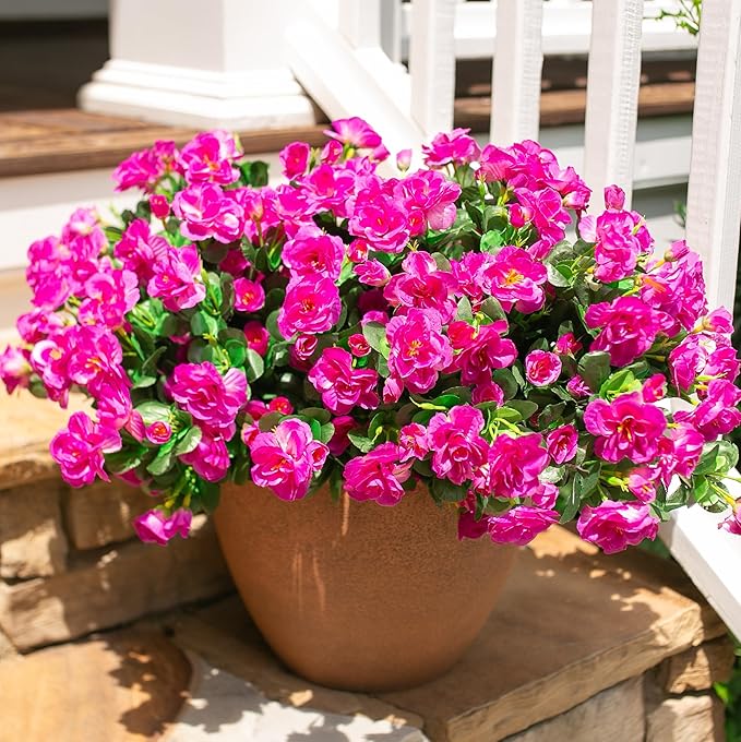 HyeFlora Artificial Faux Outdoor Flowers Plants for Spring Summer Decoration, Fake Silk Fuchsia Camellia UV Resistant Look Real for Planter Outside Front Door Porch Patio Balcony, 3 Large Bundles