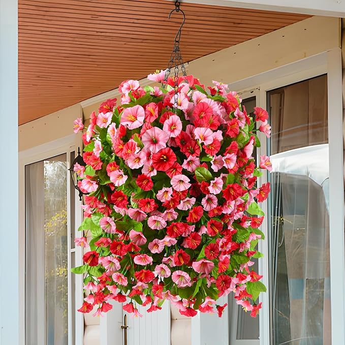 Homsunny Artificial Faux Hanging Flowers Plants Baskets for Outdoor Spring Summer Decorations,Resistant Fake Morning Glory Silk Plants for Outside UV Resistant Patio Yard Home Porch Decor(Rose red)