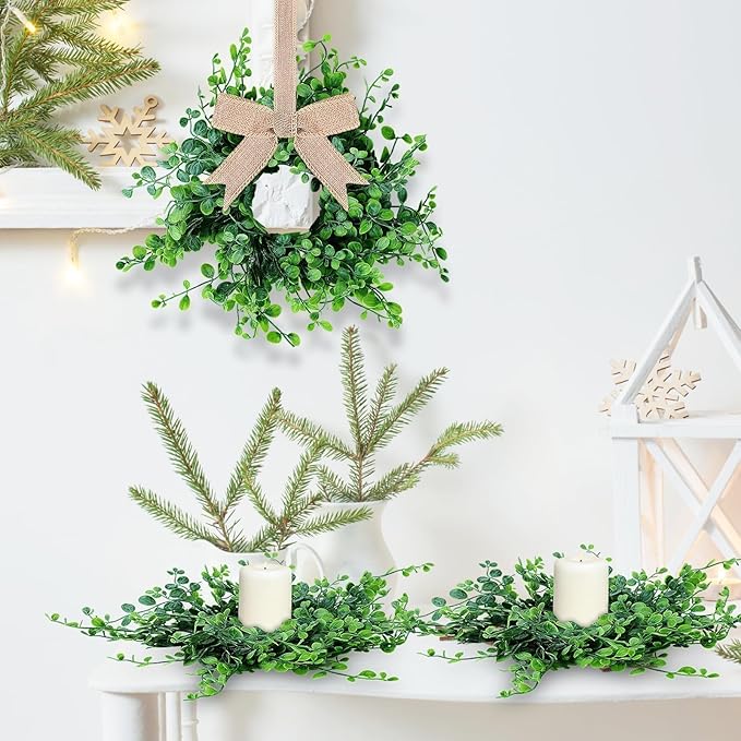 8 Pcs Mini Boxwood Wreath Green Table Centerpieces Spring Pillars Candle Rings Wreaths 9 Inch Wreath for Cabinets Farmhouse Wreaths with Ribbon for Front Door Porch Wall Window Decorations
