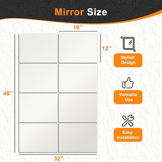 Delma Frameless Mirror Tiles 16"x12"x8 Pcs Wall Mounted, Shatter Resistant Full Length Tempered Glass Panels for Home Gym Bathroom Bedroom & Living Room Decor