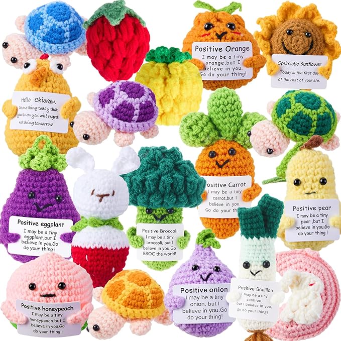 VioraWhite 18 Pcs Emotional Crochet Bulk Desk Accessories,Positive Handmade Fruit Vegetable Support Knitted Decorations with Cheer Cards, Motivational Appreciation Gifts for Coworkers Staff Adults