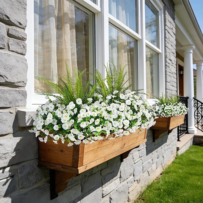 Artificial Flowers for Outdoors Faux Plants Outside Indoor,UV Resistant Silk Fake Petunia Tall Ferns for Home Patio Garden Back Yard Front Poch Decor Spring Summer(13 Bunchs,White)