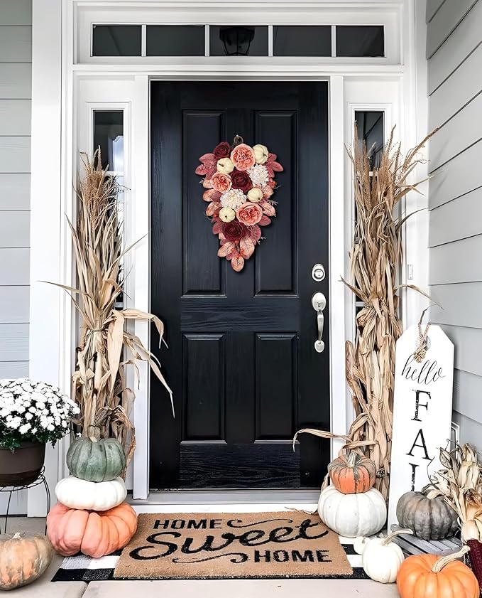 Harvest Teardrop Swag Fall Floral Swag sway with White Pumpkin Chrysanthemum Rose and Eucalyptus Leaves Autumn Teardrop sway for Home Front Door Wall Mantel Window Decor Pink and Burgundy