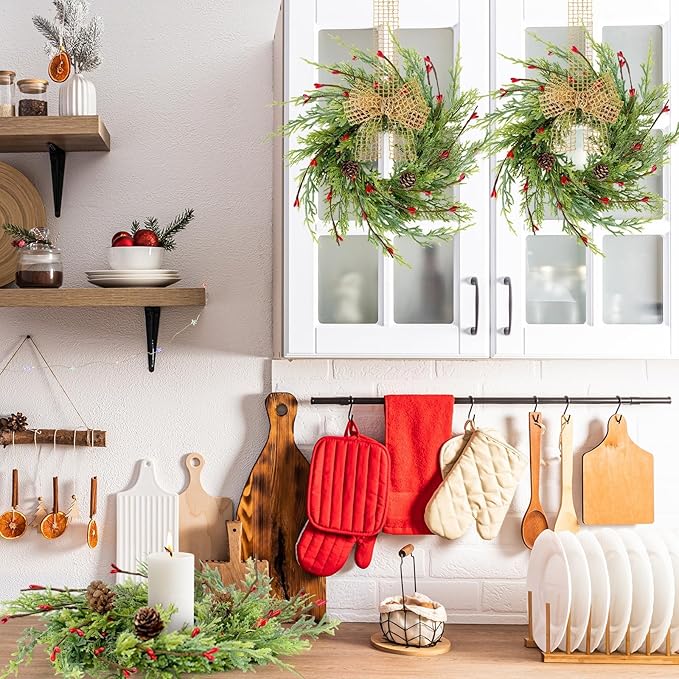 4 Pcs 9 Inch Christmas Wreaths for Kitchen Cabinet Artificial Cedar Pine Hanging Wreath with Red Berries Pine Needles for Front Door Xmas Swag Wreaths for Christmas Winter Farmhouse Home Decorations