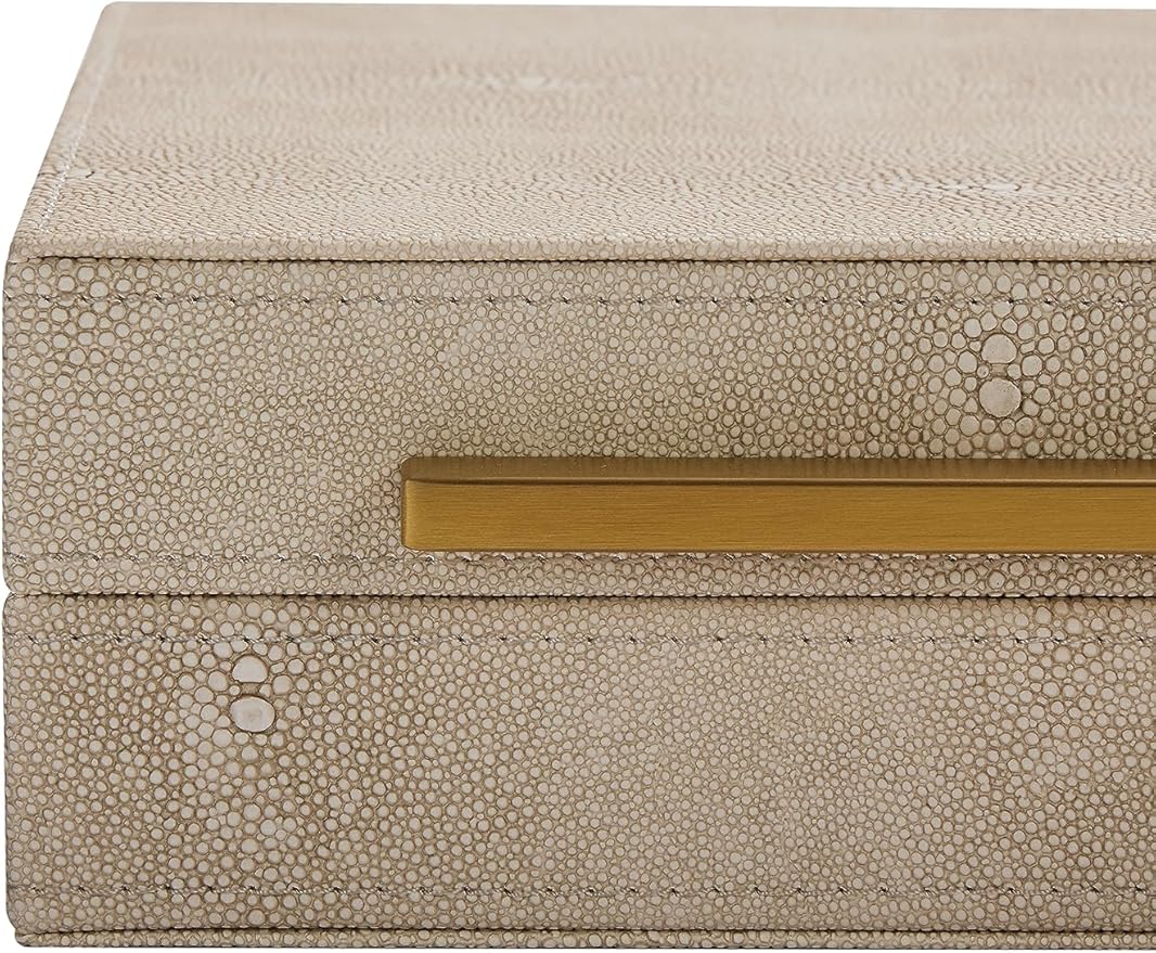 Kingflux Ivory Shagreen Decorative Box For Keepsake And Memory, Faux Leather Storage Box Jewelry Organizer Wooden Home Organizer Box For Accessory With Brushed Gold Handle (Ivory)