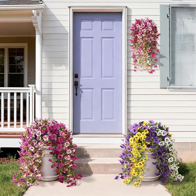 Fake Artificial Flowers for Outdoors, 4 Pcs Faux Hanging Pansy Flowers Spring Summer Decor, UV Resistant Fake Plants Silk Flower for Planter Front Door Porch Patio Yard Garden(Gradient Double Pink)