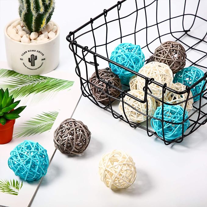 Yaomiao 15 Pieces Wicker Rattan Balls Decorative Orbs Vase Fillers for Craft, Party, Wedding Table Decoration, Aromatherapy Accessories, 1.8 Inch(Light-Blue White Gray)