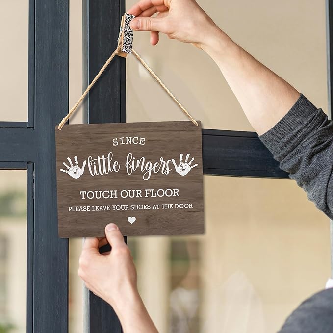 Wall Pediments Shoes Off Sign,Shoes Off Sign for Front Door,Since Little Fingers Touch Our Floor Door Sign,Shoes Off Hanging Welcome Sign for Front Door,6x12 Inches，Wood Grain-5
