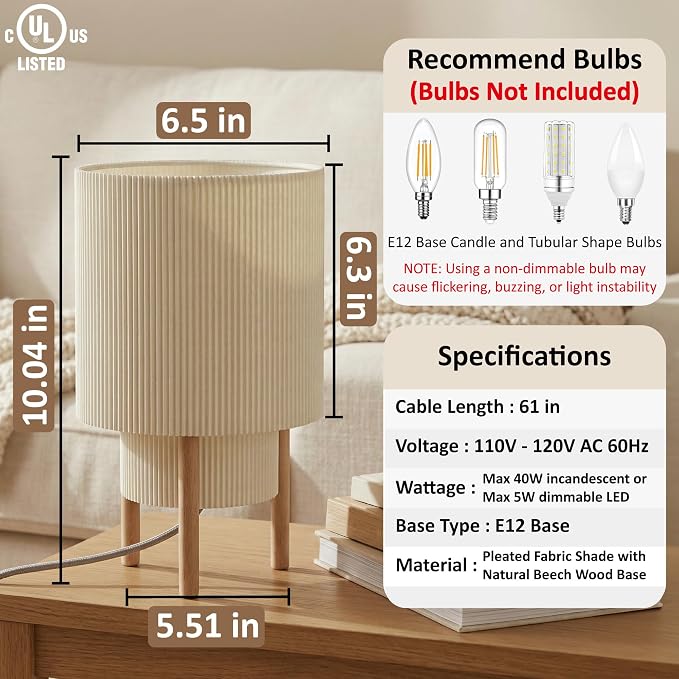 Buruis 2-Tier Table Lamp with Pleated Fabric Shade, Natural Rubber Wood Stand, UL Listed, 10'' Elegant Retro Mid-Century Bedside Lamp for Bedroom, Living Room, Bookshelf, Bulb Not Included, Beige