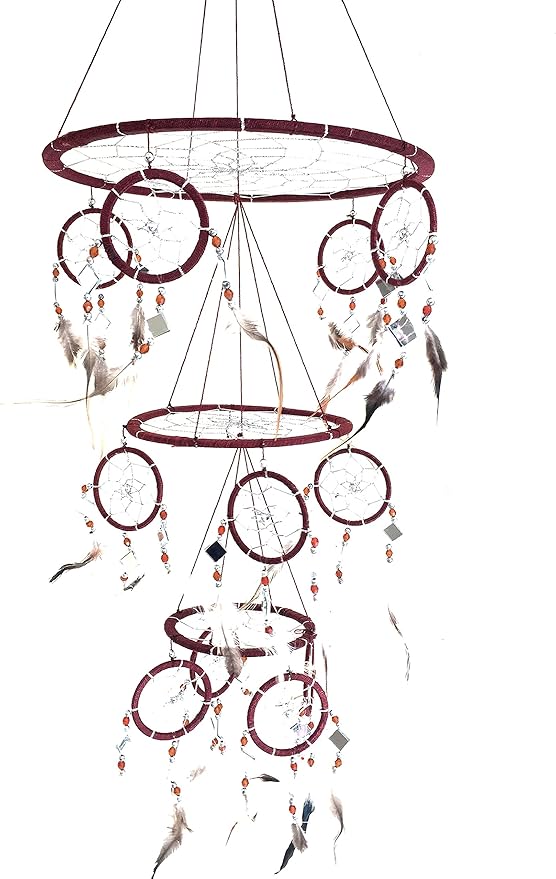 Dream Catcher - Traditional Feather and Mosaic Glass Brown Dream Catcher XLarge 3-D Triple Size, 30" Long X 10" Diameter - (Brown)